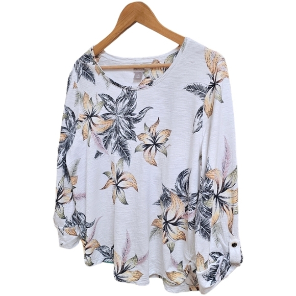 Chico's Cotton Blend Slub Floral Utility Sleeve Button Tee Size Large Tropical - Picture 4 of 12